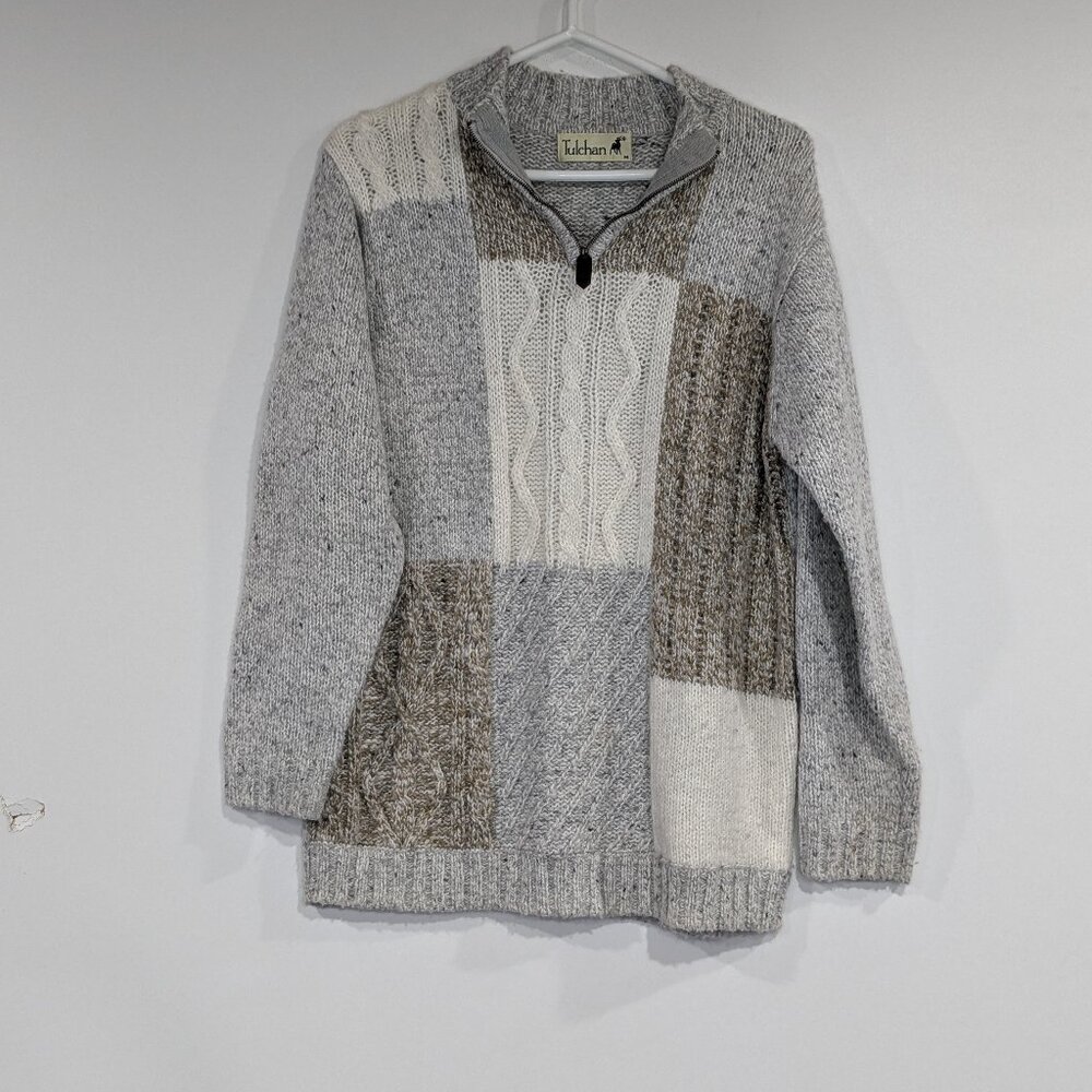 Tulchan Cable Knit Quarter Zip Sweater Cream Grey Tan Size Medium